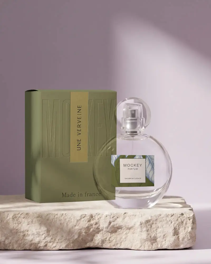 Luxury Round Shape Perfume Mockup On Natural Stone Surface With Soft Lighting