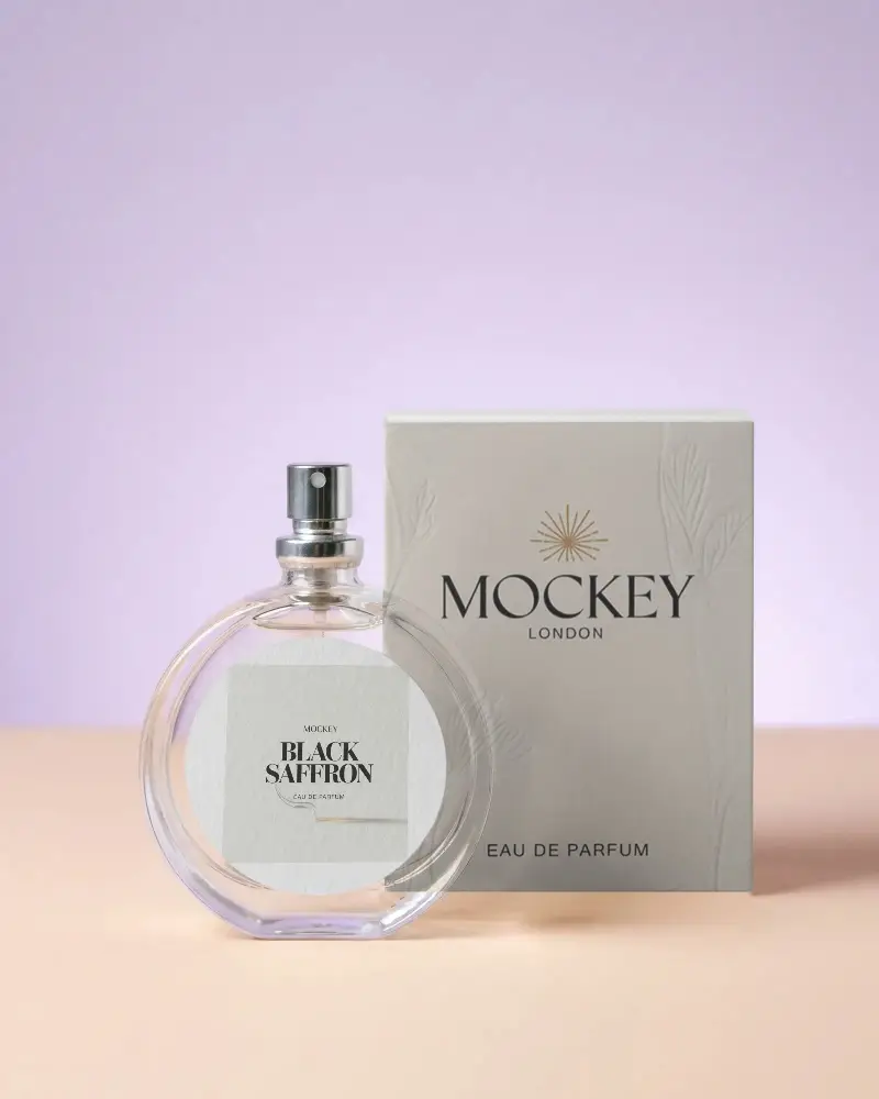 Perfume Bottle Mockup With Round Label And Sleek Packaging Design For Brand Presentation