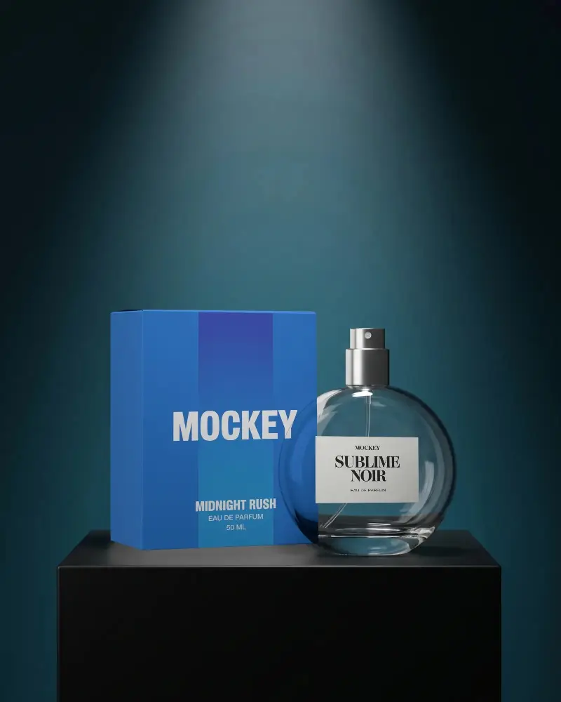 Transparent Perfume Spray Bottle Mockup With Simple Branded Box On Modern Pedestal Scene