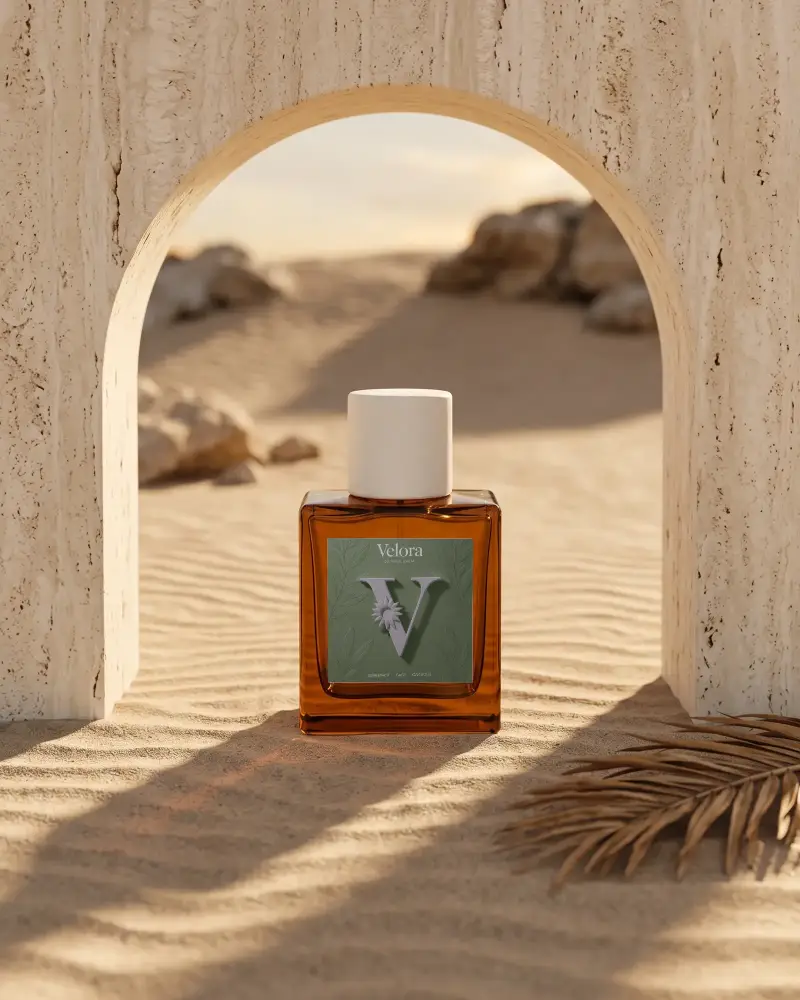 Luxury Desert Inspired Perfume Bottle Mockup With Sand Texture And Minimalist Label