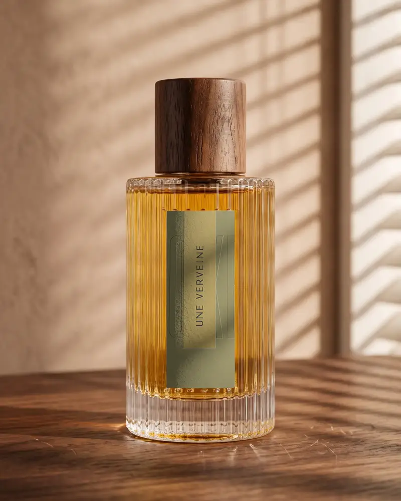 Luxury Ribbed Glass Perfume Bottle Mockup With Wooden Cap On Wooden Surface With Sunlight Shadows