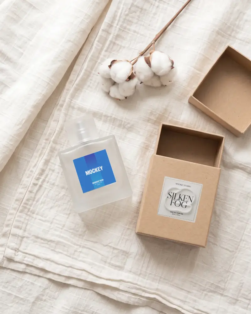Luxury Perfume Mockup With Open Craft Box And Cotton Branch On Textured Cloth