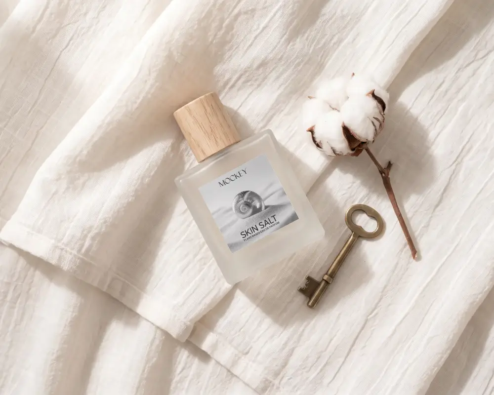 Delicate Perfume Bottle Mockup With Natural Cotton Flower And Antique Key Luxury Packaging