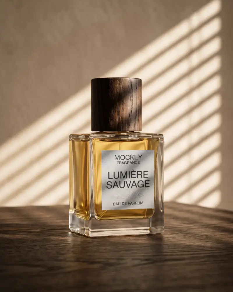 Luxury Glass Perfume Bottle Mockup With Wooden Cap And Elegant Light Shadow Effect