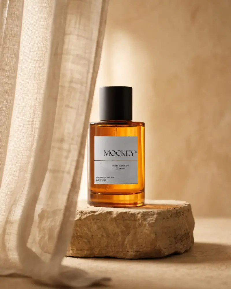Elegant Glass Perfume Bottle Mockup On Natural Stone Minimalist Packaging Design