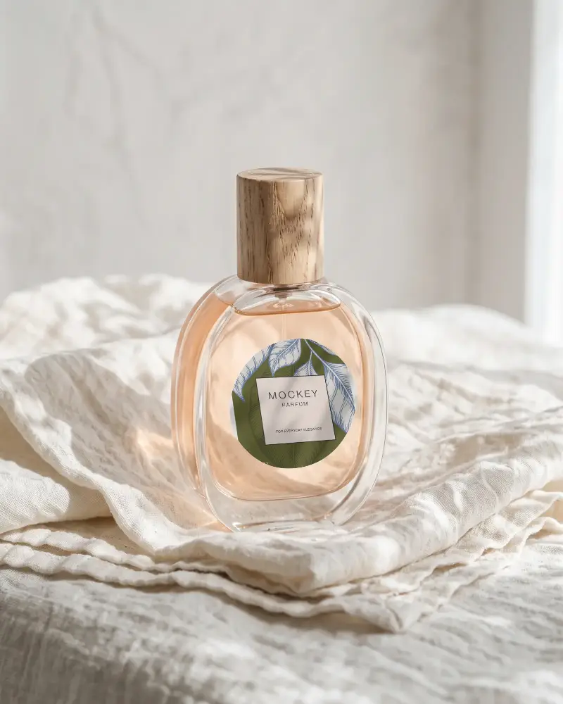 Elegant Clear Glass Perfume Bottle Mockup With Wooden Cap On Textured Fabric Background