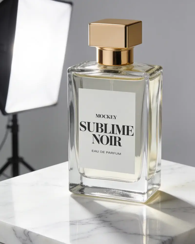 Luxury Glass Perfume Bottle Mockup With Metallic Cap And Minimalist Label Design