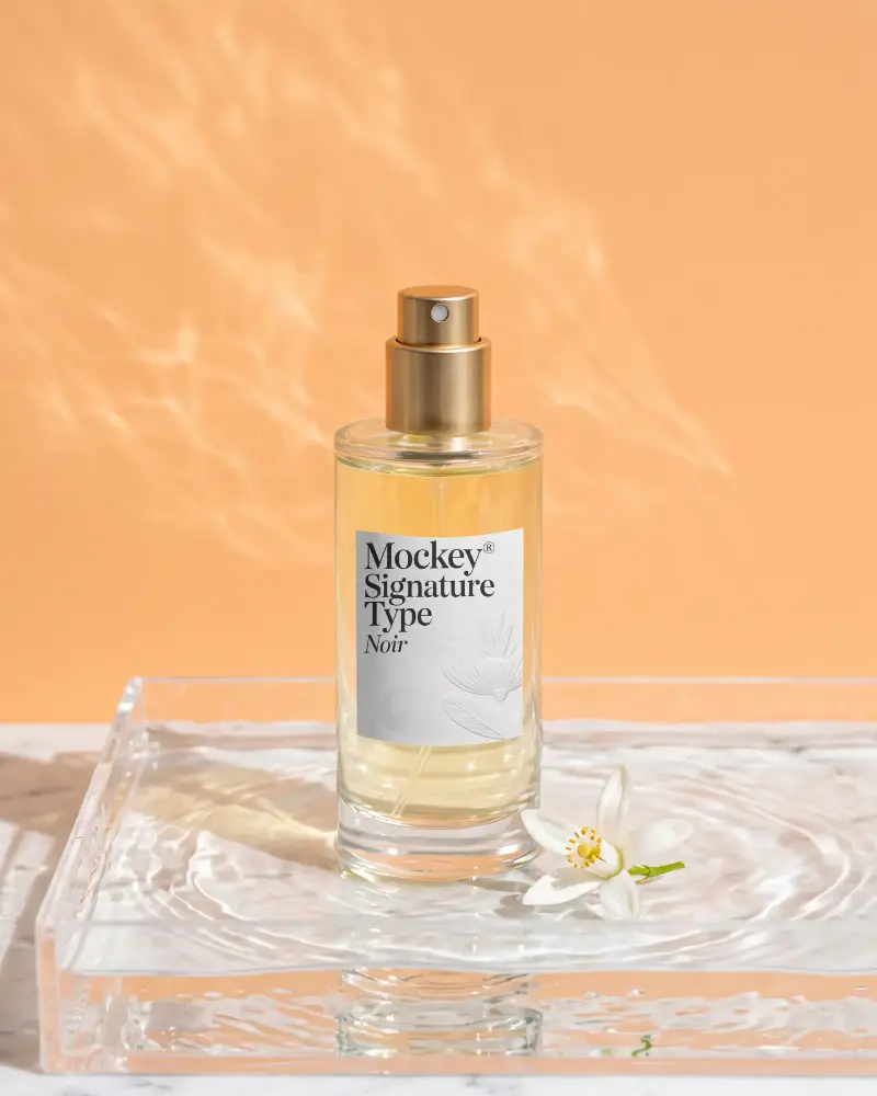 Premium Perfume Bottle Mockup With Floral Element On Translucent Tray Background
