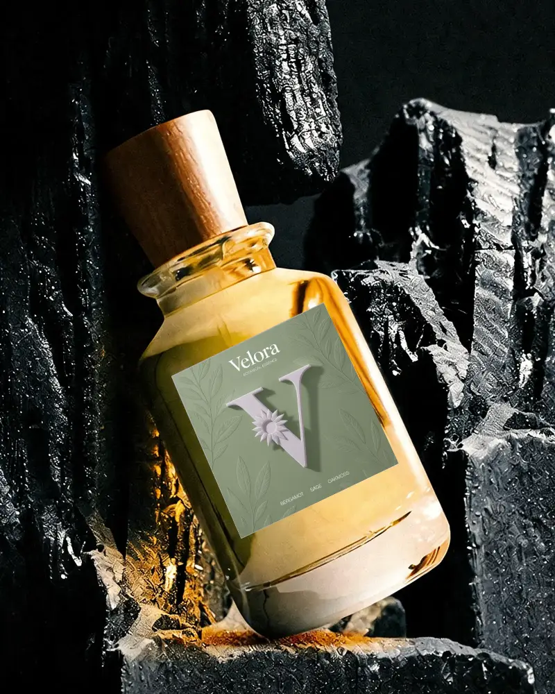 Luxury Wooden Capped Perfume Bottle Mockup On Charcoal Texture Background Elegant Aroma Packaging