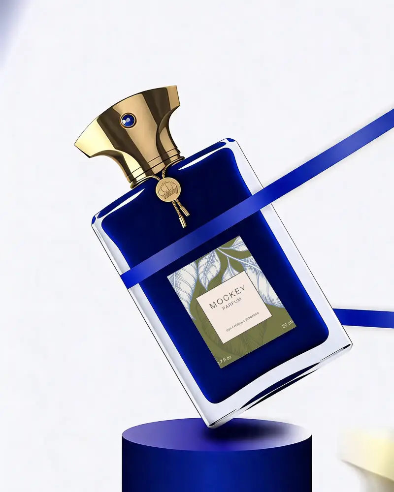 High End Scent Bottle Mockup With Chic Golden Top And Transparent Label Space