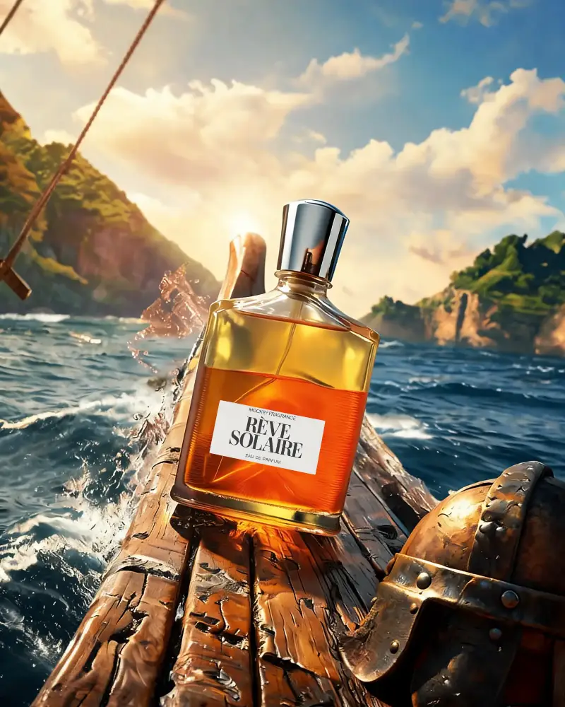 Elegant Scent Bottle Mockup On Wooden Raft Near Splashing Waves And Sunny Sky