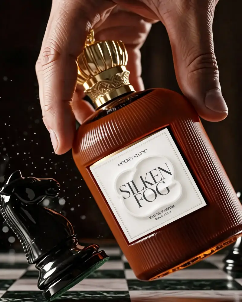 Luxury Perfume Bottle Mockup With Ornate Golden Cap And Premium Label Design