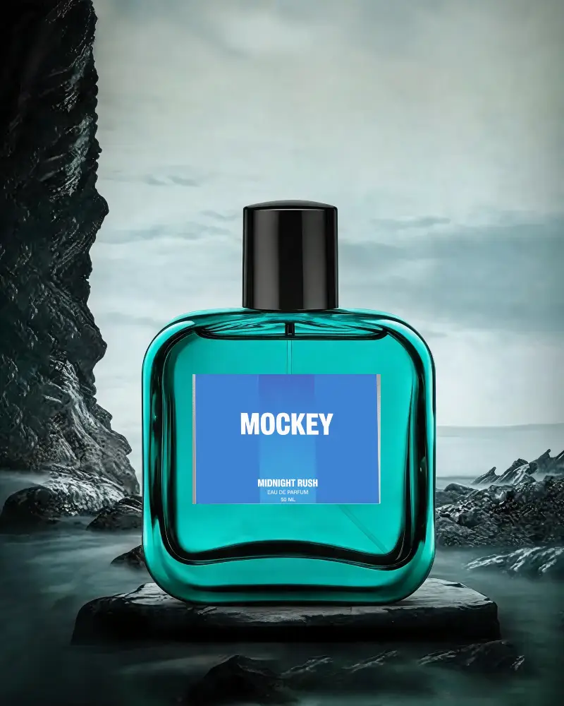 Stylish Modern Perfume Mockup Showcasing Brand With Ocean Rocks And Mist Effect