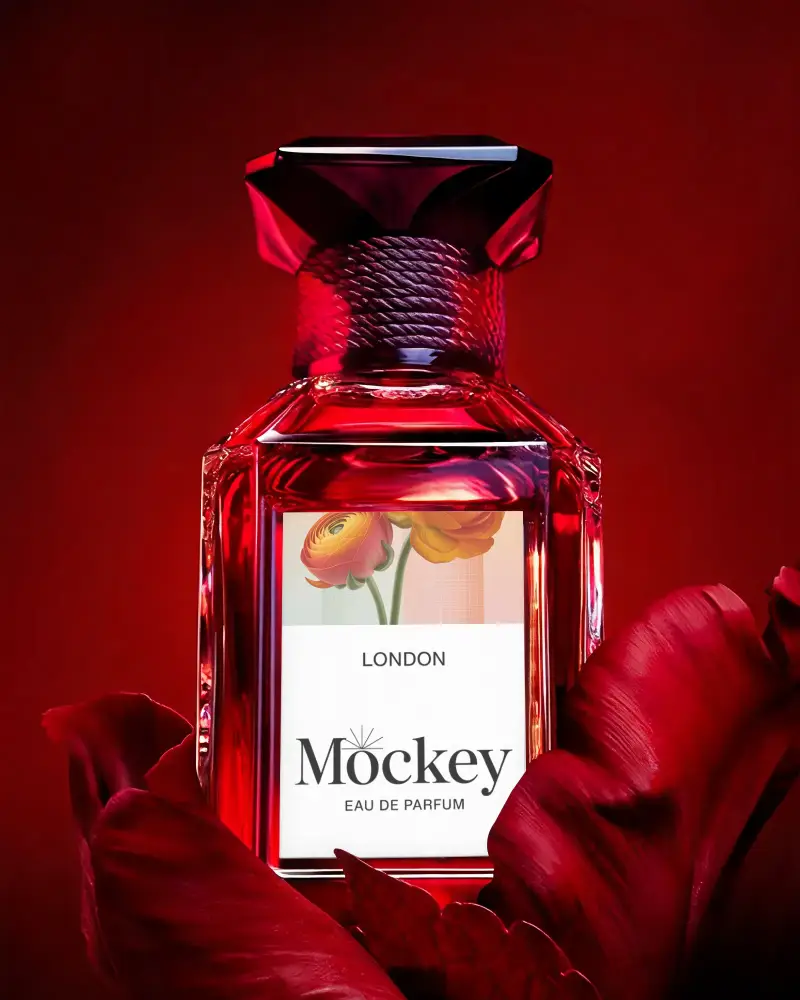 Premium Perfume Packaging Mockup Showcasing Glass Bottle And Flower Decor