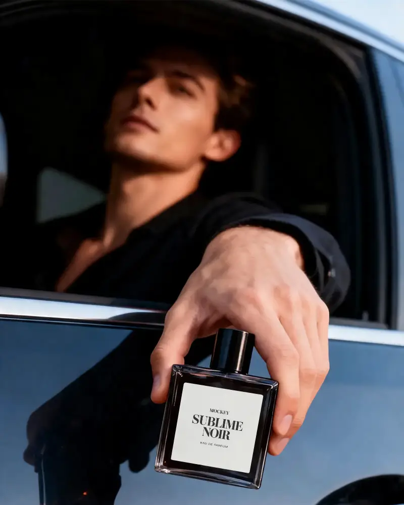 Sleek Glass Perfume Bottle Mockup Held In Car Window Perfect For Mens Fragrance Advertising