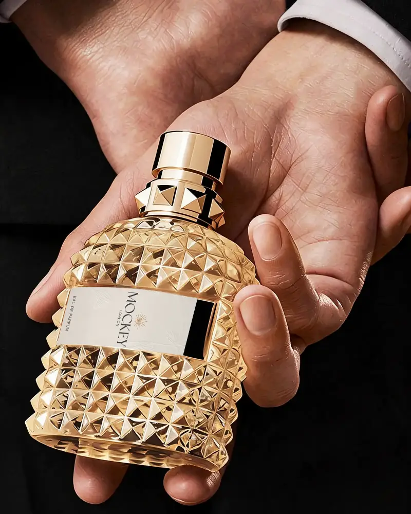 Premium Aromatic Perfume Mockup With Textured Glass Bottle In Hand For Elegant Presentation