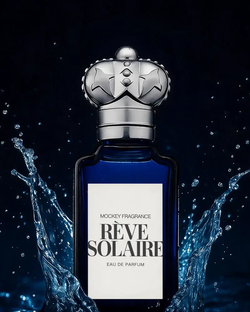 Luxury Crown Shaped Perfume Bottle Mockup With Water Splash For Premium Fragrance Brand
