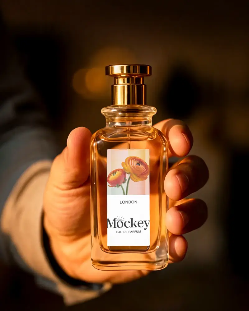 Luxury Perfume Bottle Mockup Hand Held Glass Container Fragrance Packaging Design