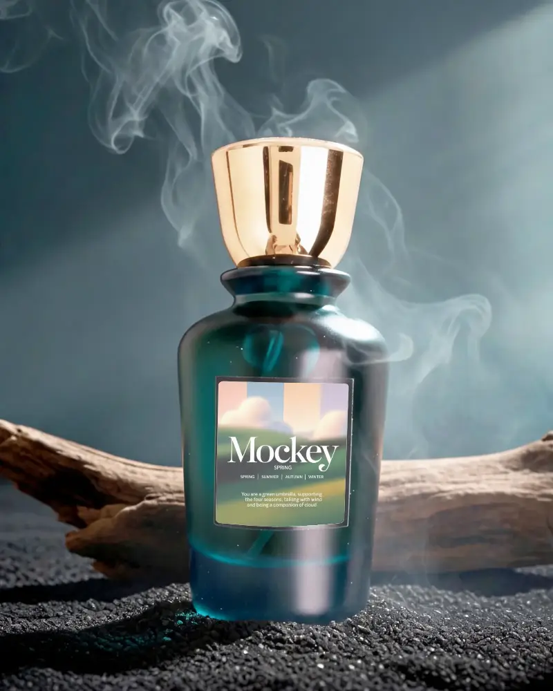 Luxury Perfume Bottle Mockup With Smoke Wooden Background Elegant Fragrance Packaging