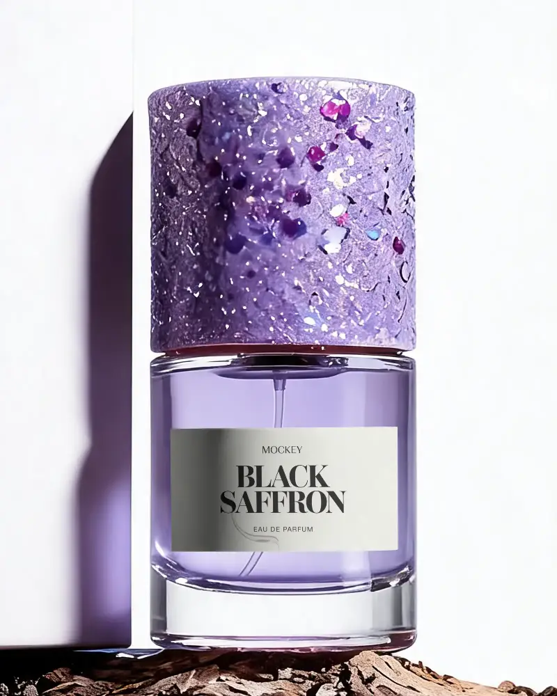 Elegant Perfume Bottle Mockup With Speckled Decorative Cap And Clear Rectangular Label