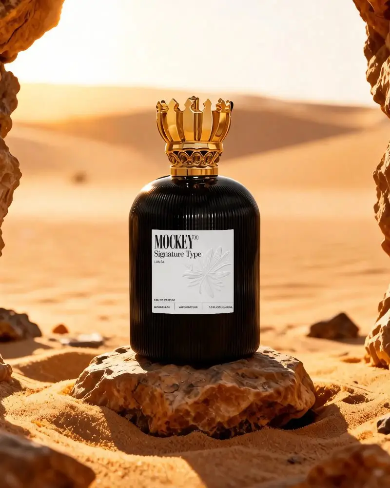 Elegant High End Perfume Mockup Showcasing Unique Textured Bottle In Sandy Setting
