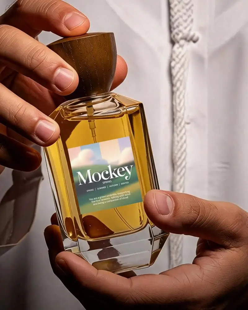 Luxurious Perfume Mockup With Wooden Cap For Branding And Packaging Design Showcase