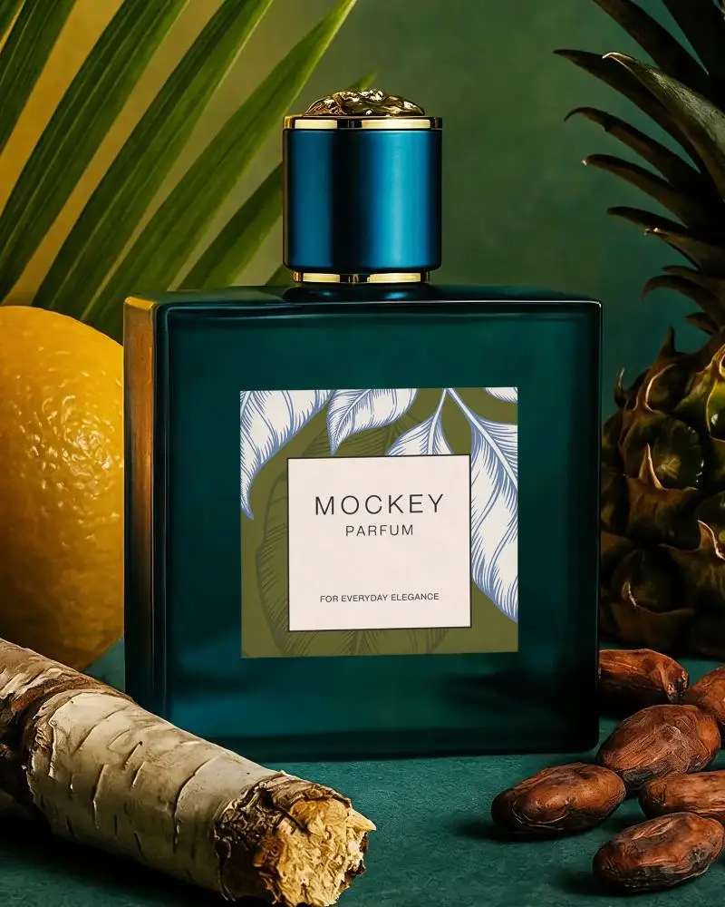 Luxury Perfume Mockup With Natural Ingredients Cigar Lemon And Fruits Ideal For Branding