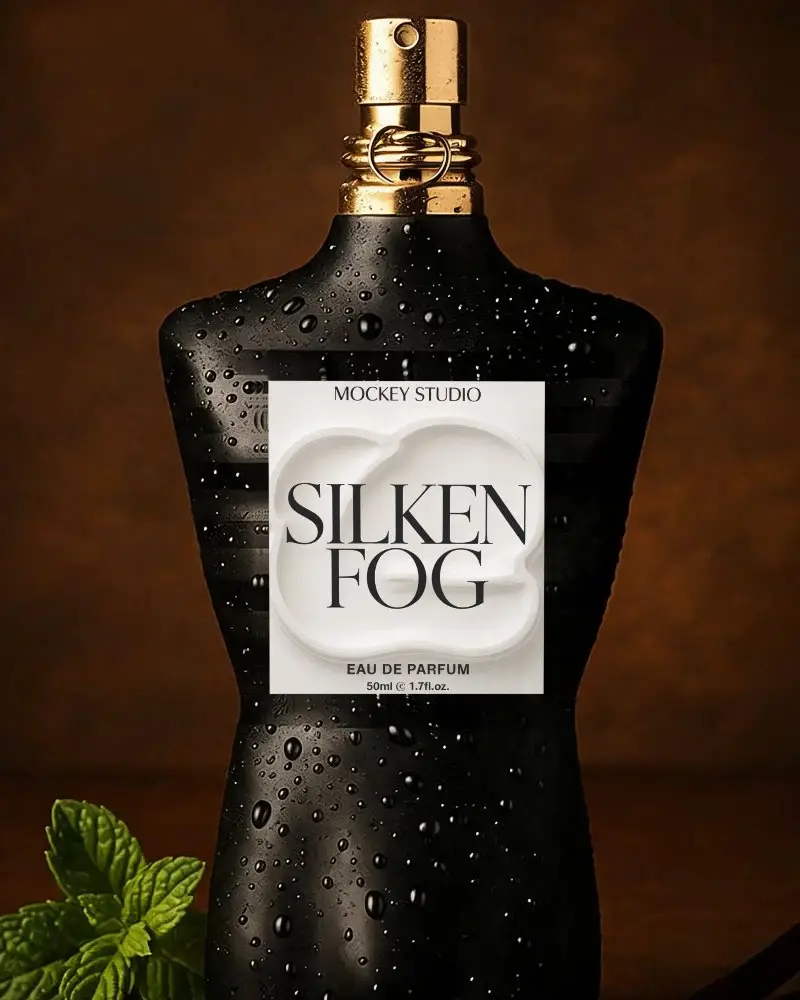 Modern Masculine Perfume Mockup With Dewy Effect And Minimalist Label Space