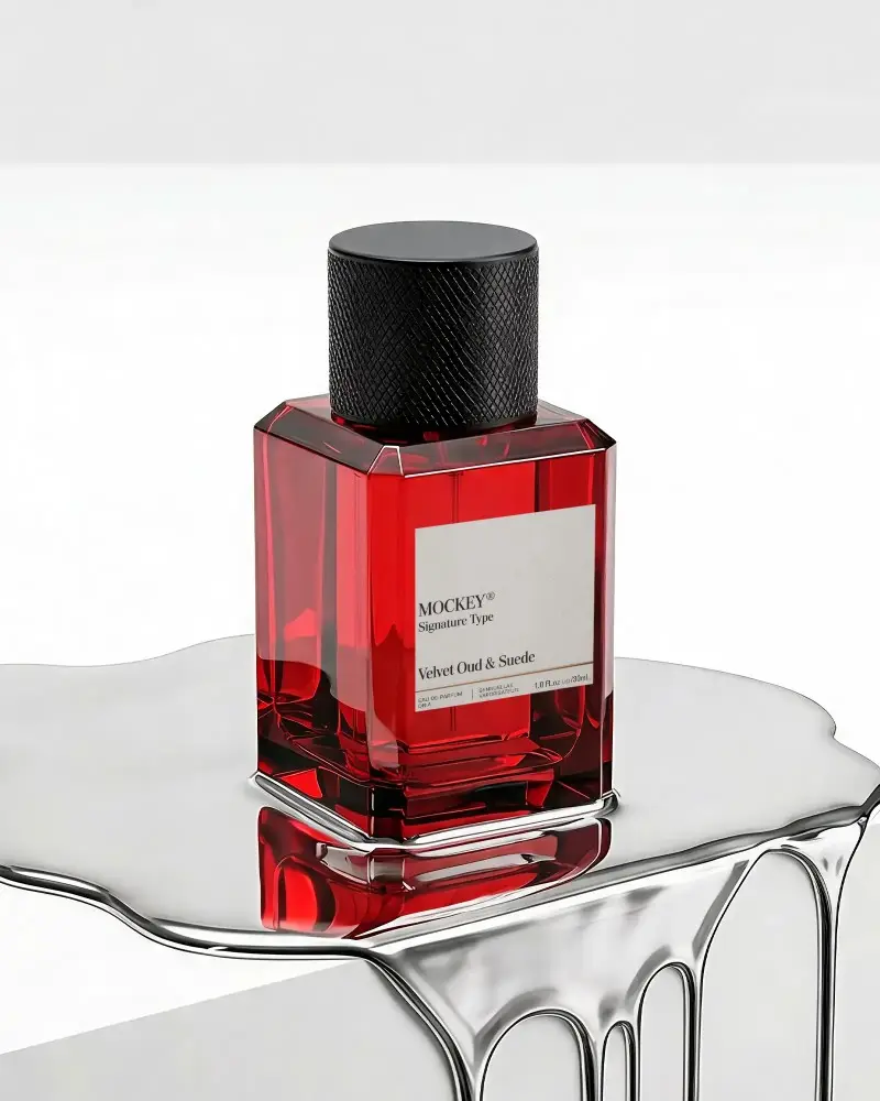 High End Perfume Mockup Display With Geometric Bottle On Liquid Metal Platform