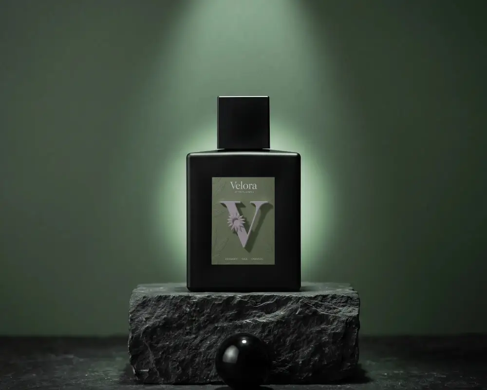 Luxury Unisex Perfume Bottle Mockup On Rough Stone Surface With Dark Minimalistic Background