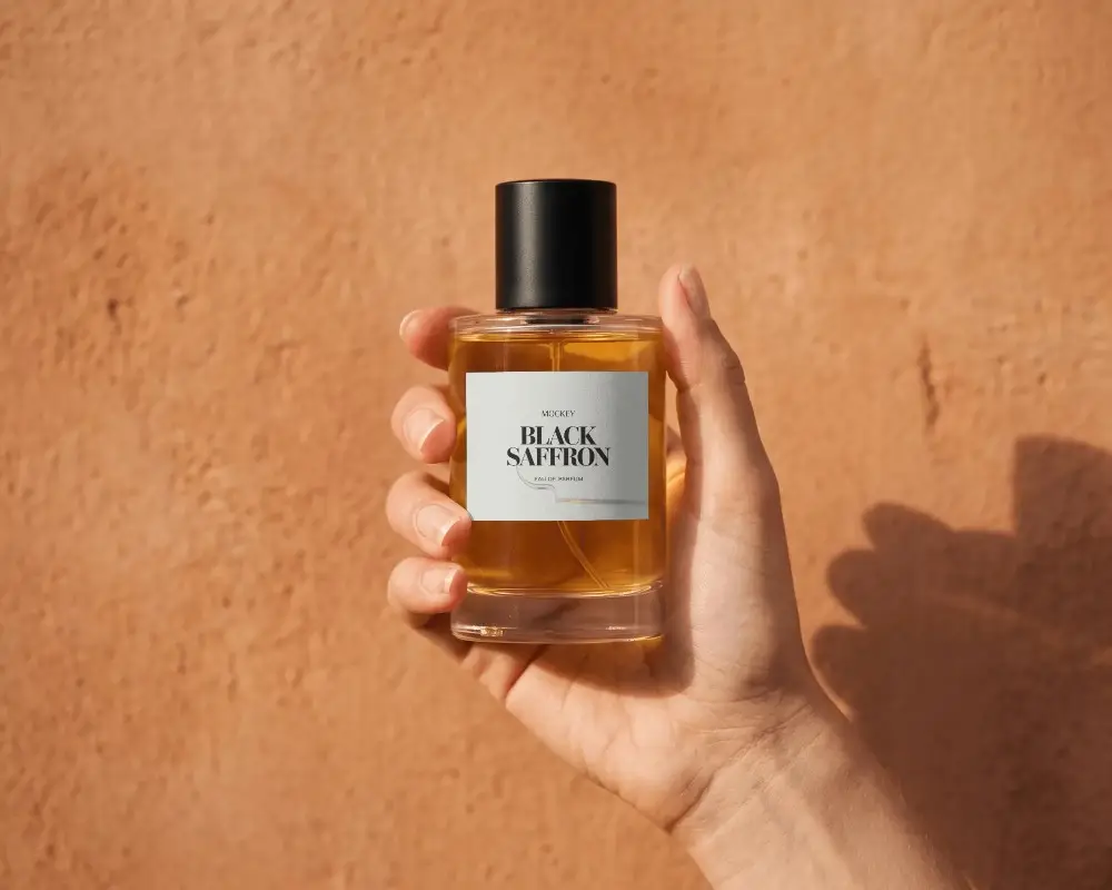 Luxury Fragrance Bottle Mockup Held In Hand Promoting Simple Modern Aesthetic