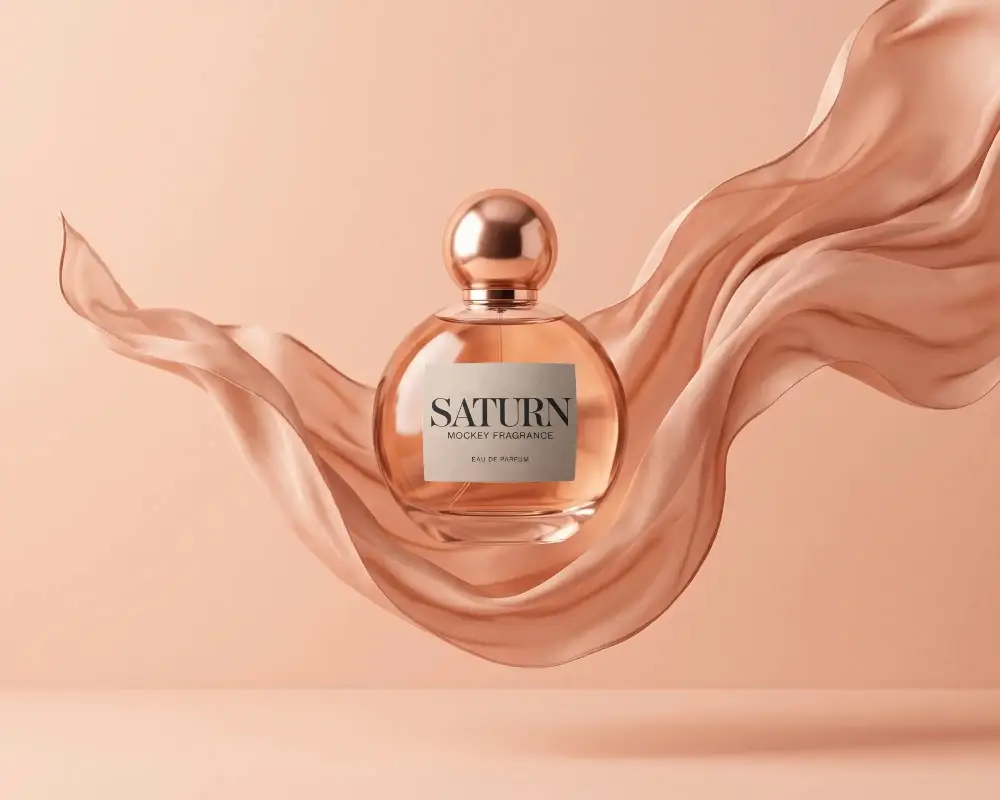 Elegant Round Perfume Bottle Mockup With Floating Fabric Background For Luxury Fragrance Ad