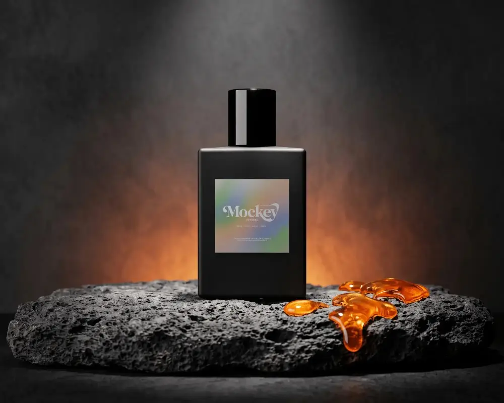 Sleek Modern Perfume Bottle Mockup On Textured Stone With Glowing Amber Liquid Dripped Around