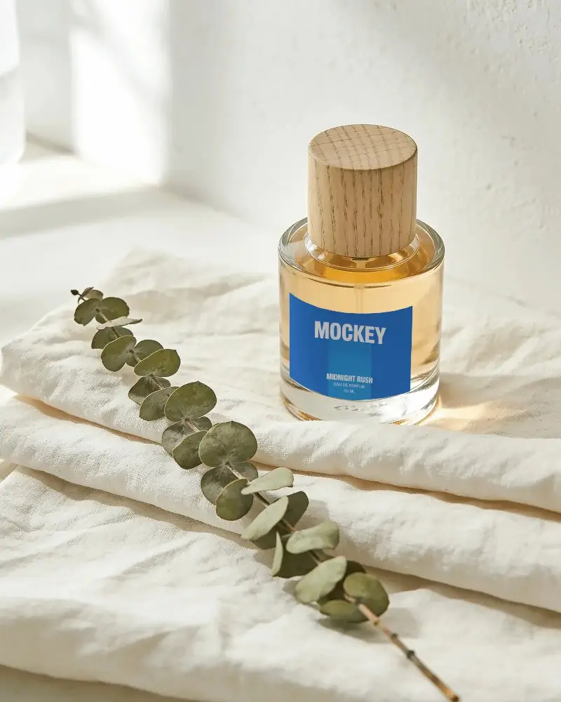Natural Wooden Cap Perfume Bottle Mockup With Eucalyptus On Soft Fabric Background