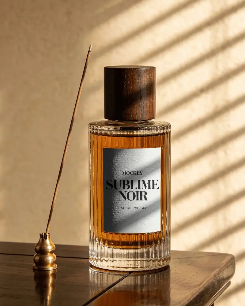 Premium Glass Perfume Bottle Mockup With Wooden Cap And Incense Stick On Wooden Table