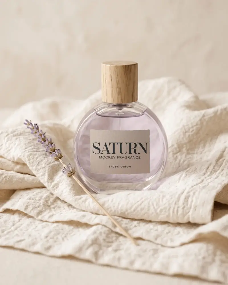 Natural Wood Cap Perfume Bottle Mockup On Soft Textured Fabric With Lavender Floral Accents