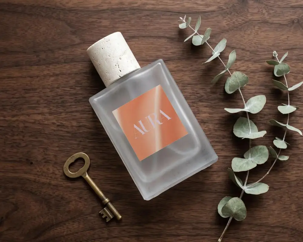 Elegant Minimalist Perfume Bottle Mockup On Wooden Surface With Natural Elements Key Leaf