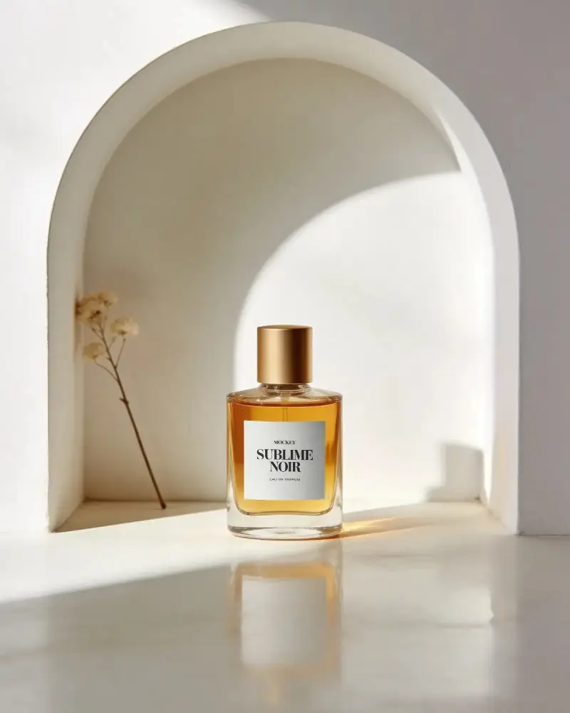 Elegant Glass Perfume Bottle Mockup With Sprig In Arched Niche Setting