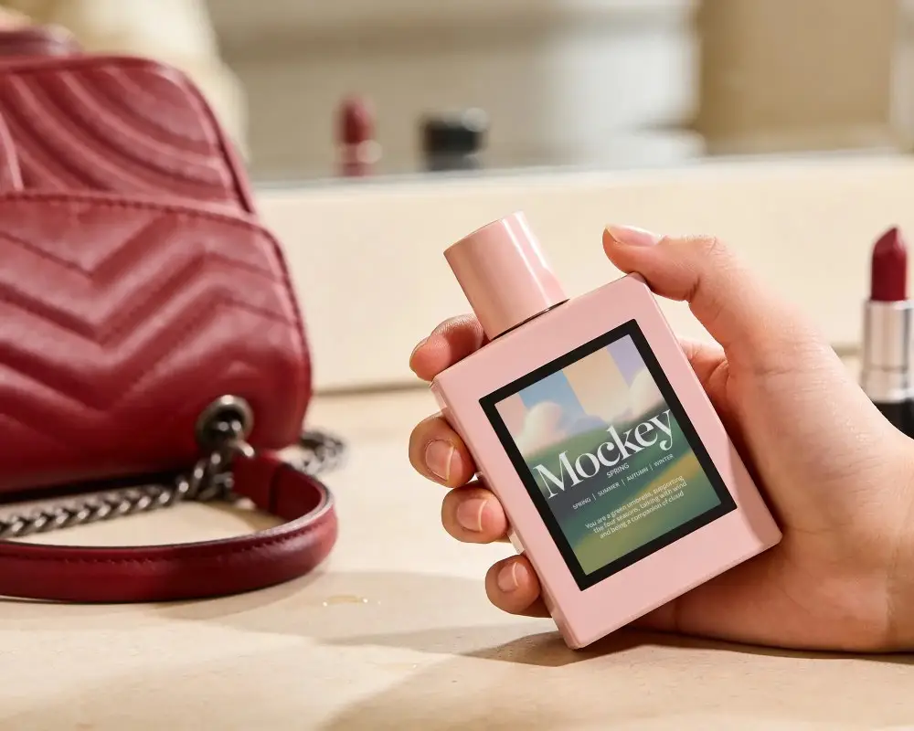 Luxury Perfume Bottle Mockup In Hand With Designer Purse And Lipstick On Marble