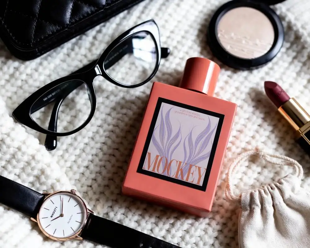 Luxury Perfume Bottle Mockup With Fashion Accessories For Beauty Brand Promotion