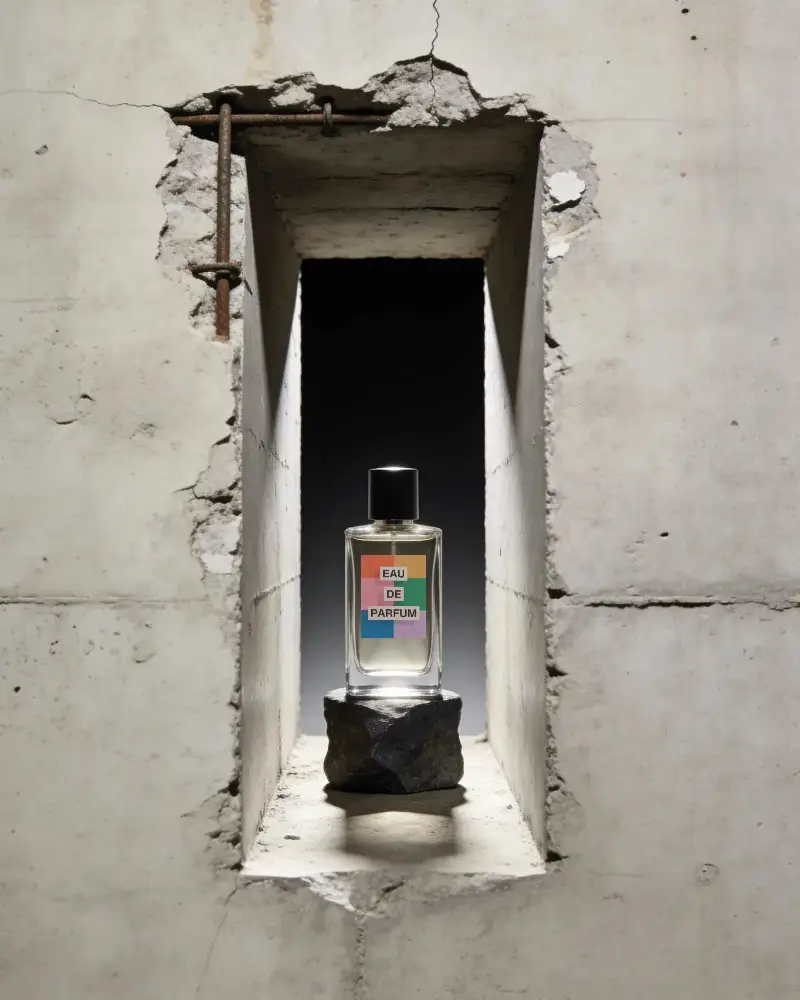 High End Fragrance Mockup Stone Pedestal Beautifullylit Perfume Bottle Conceptual Photography