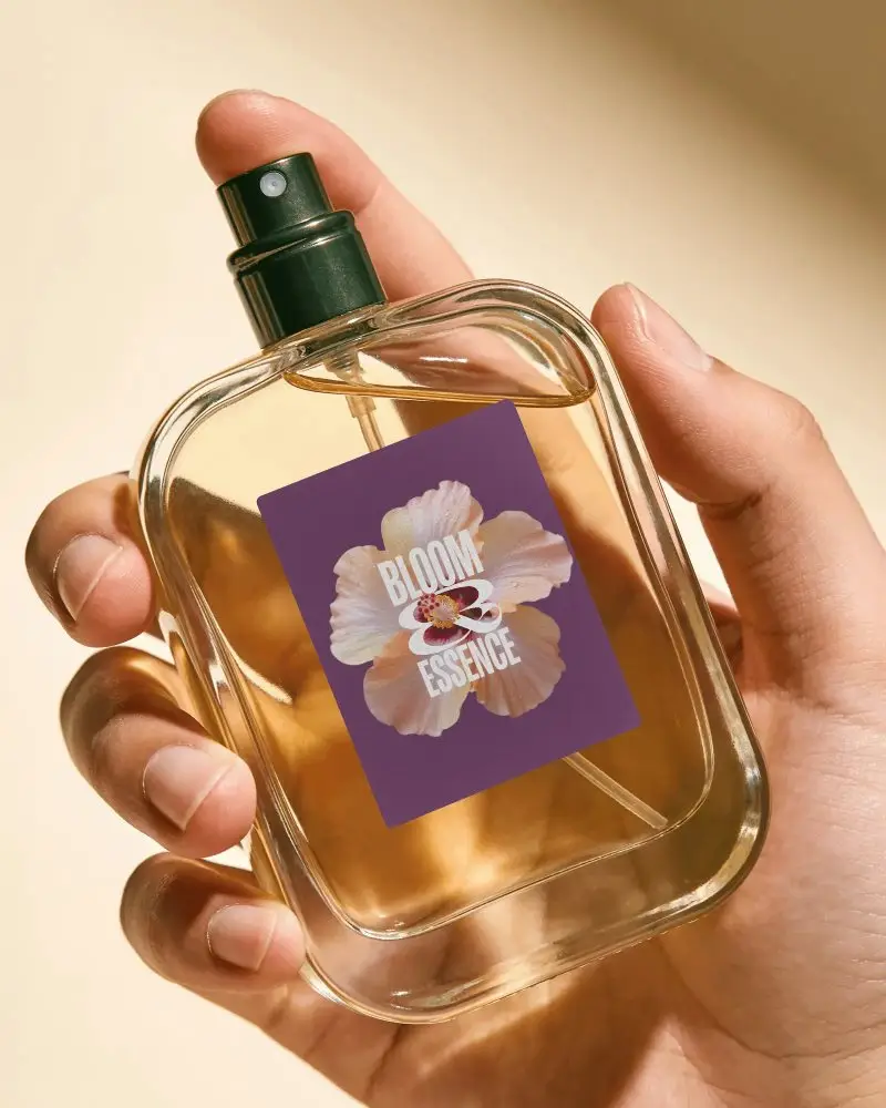 Hand Holding Transparent Scent Bottle Mockup Showcasing Customizable Label