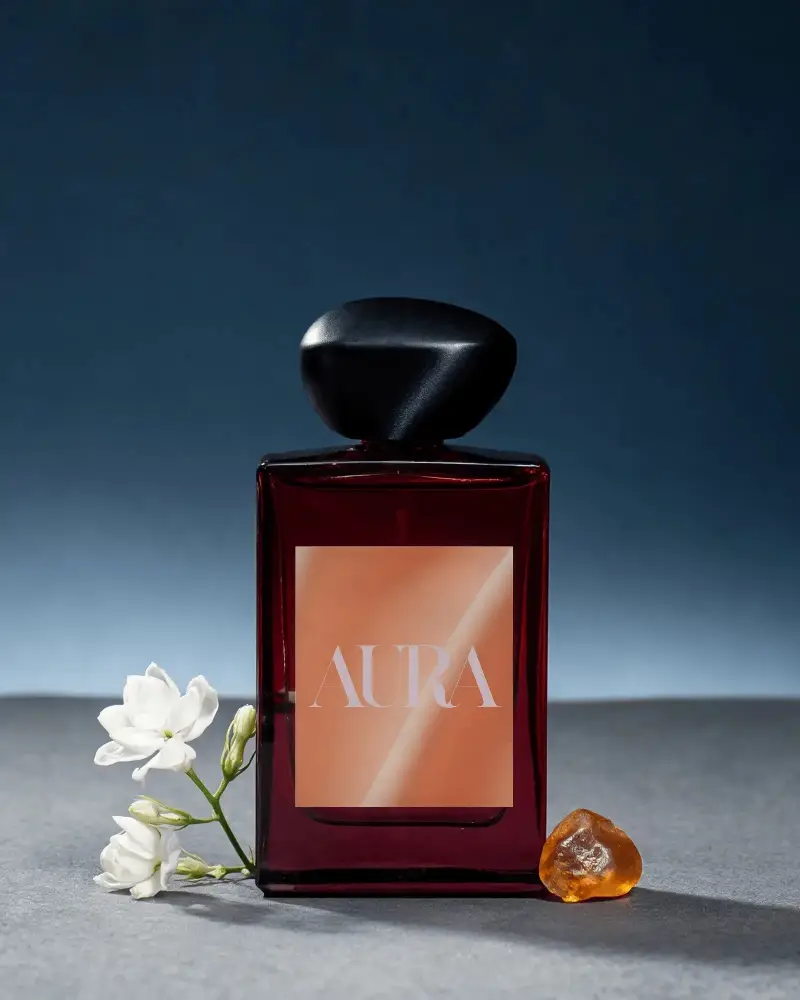 Luxury Perfume Bottle Mockup With Delicate Floral And Amber Stone Accessory Display