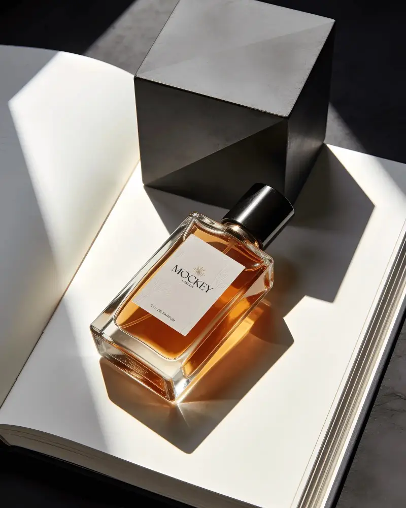 Elegant Glass Perfume Bottle Mockup With Minimalist Label On Open Book Shadow Play