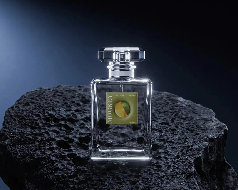 Luxury Clear Glass Perfume Bottle Mockup On Natural Stone Surface For Brand Presentation