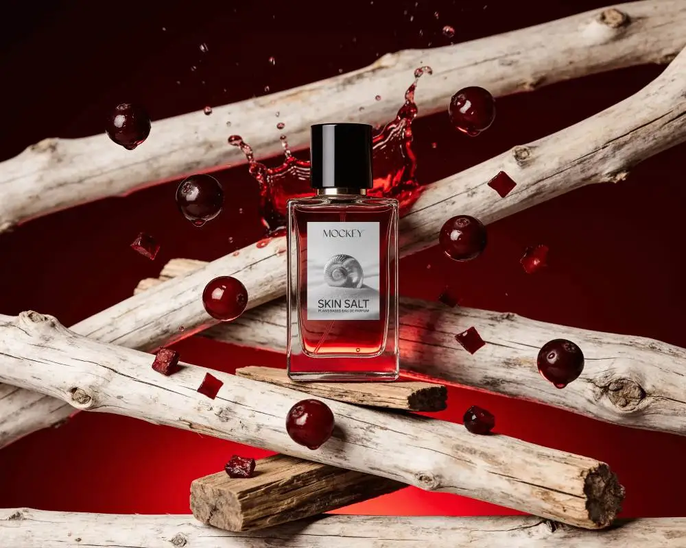 Aromatic Perfume Mockup With Floating Berries Woody Background Creative Scent Presentation