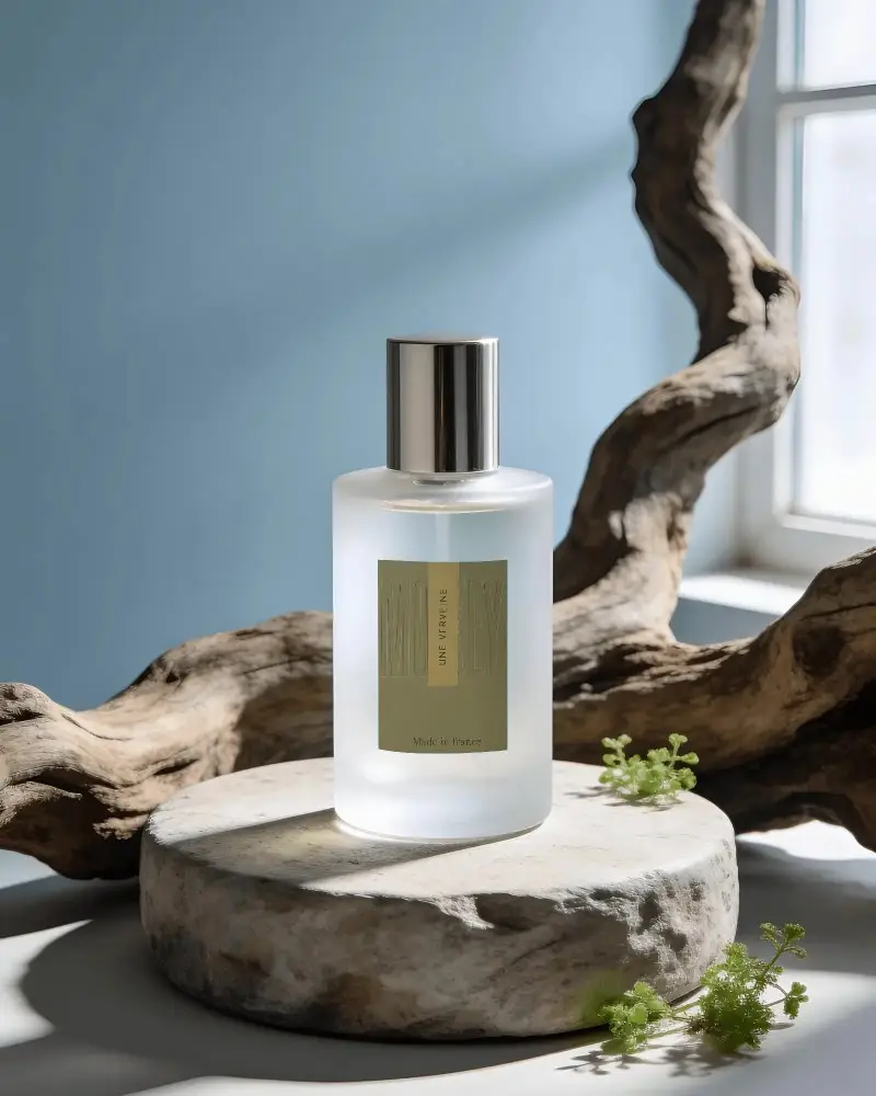 Luxury Perfume Bottle Mockup On Natural Stone With Wooden Background For Branding