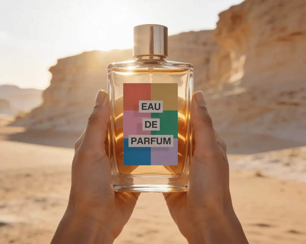 Premium Glass Perfume Bottle Mockup Being Held In Hands With Desert Background Nature Scent