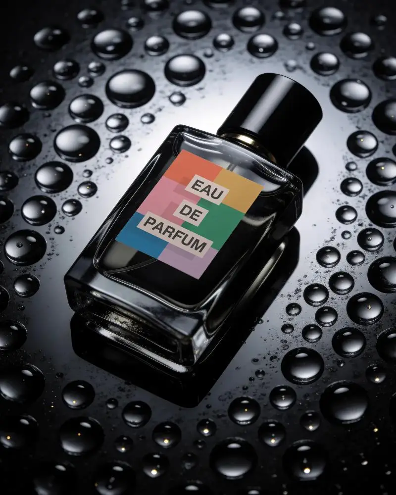 Luxury Perfume Bottle Mockup On Glossy Water Drop Surface For Premium Fragrance Branding