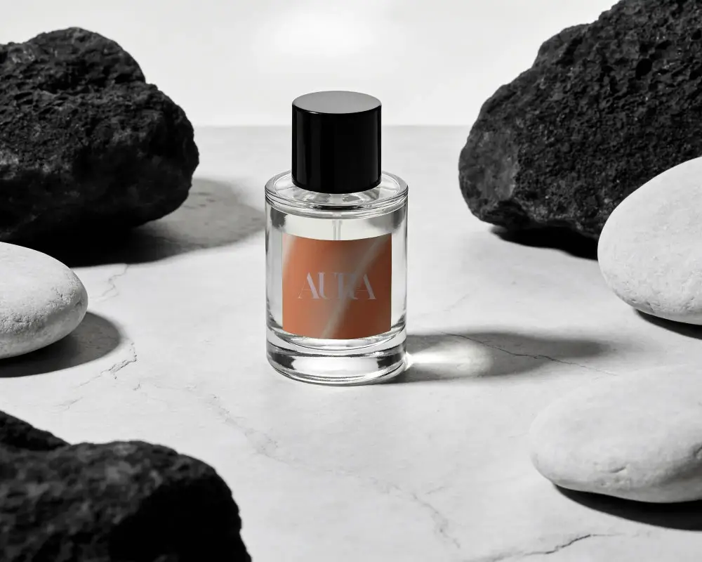 Elegant Minimalist Perfume Bottle Mockup Surrounded By Rough Textured Stones For Branding